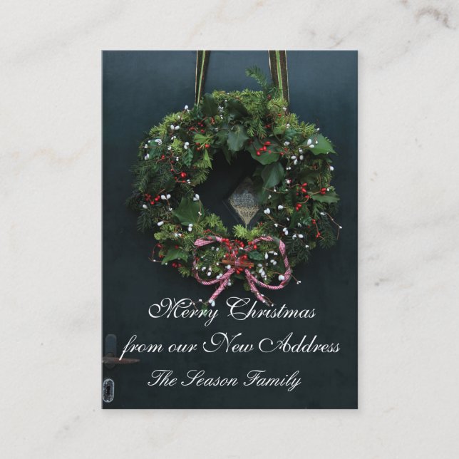 Frohe Weihnachtskranz aus unserer neuen Adresse Begleitkarte (Vorderseite)