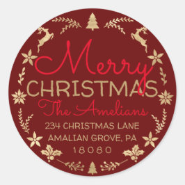 Frohe Weihnachtskranz Gold Rustikale UAWG Burgund Runder Aufkleber