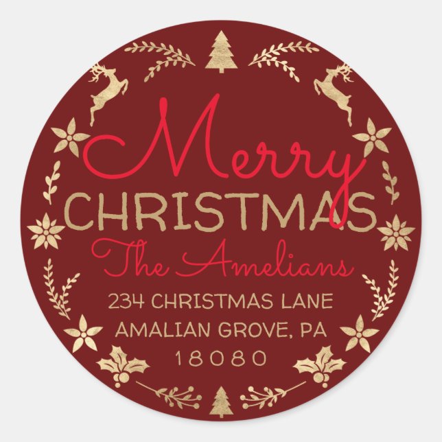 Frohe Weihnachtskranz Gold Rustikale UAWG Burgund Runder Aufkleber (Vorderseite)