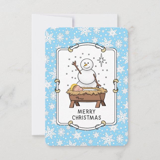 Frohe Weihnachtskrippe Baby Jesus Snowman Dankeskarte (Vorderseite)