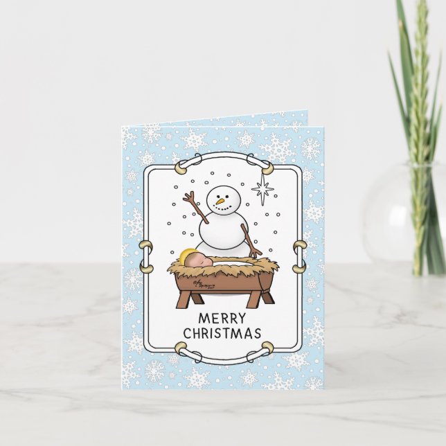 Frohe Weihnachtskrippe Baby Jesus Snowman Karte (Vorderseite)