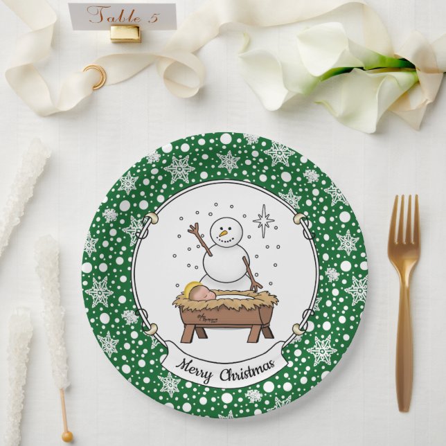 Frohe Weihnachtskrippe Baby Jesus Snowman Pappteller (Hochzeit)