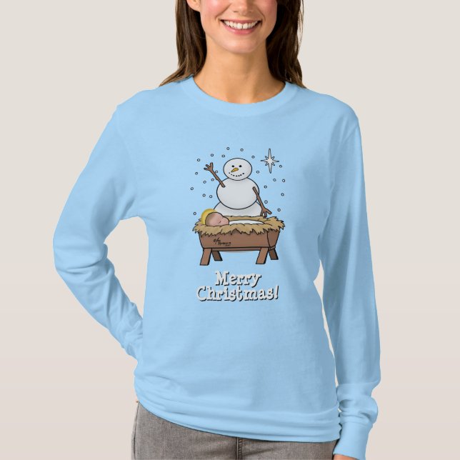Frohe Weihnachtskrippe Baby Jesus Snowman T-Shirt (Vorderseite)