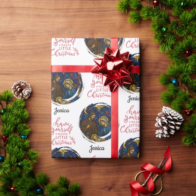 Frohe Weihnachtskrippe Szene Anpassbare Namen Geschenkpapier (Feiertagsgeschenk)