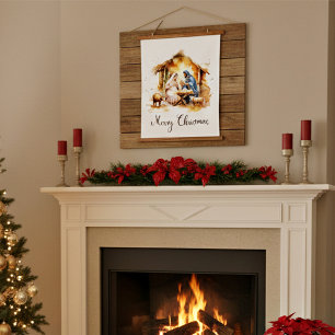 Frohe Weihnachtskrippe Wandteppich Mit Holzrahmen