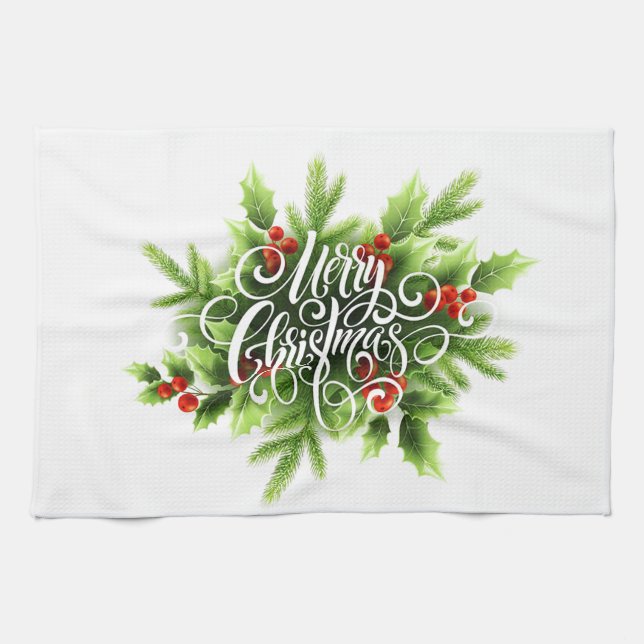 Frohe Weihnachtsküchenhandtuch mit Stechpalme Geschirrtuch (Horizontal)