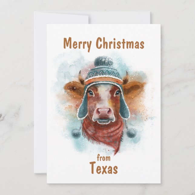 Frohe Weihnachtskuh mit Schlitten Feiertagskarte (Vorderseite)
