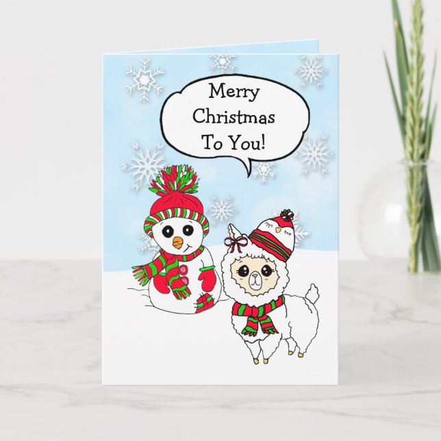Frohe Weihnachtslama und Snowman Hand Drawn Karte (Vorderseite)