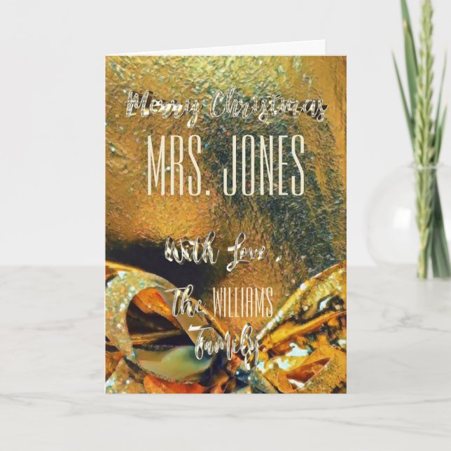 Frohe Weihnachtslehrer Imitate Gold Ribbon Feiertagskarte (Vorderseite)