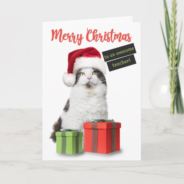Frohe Weihnachtslehrer Niedliche Katze mit Geschen Feiertagskarte (Vorderseite)
