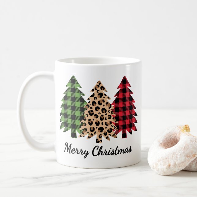 Frohe Weihnachtsleopard und Karierte Bäume Kaffeetasse (Mit Donut)