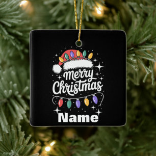 Frohe Weihnachtslichter Santa Hut Personalisiertes Keramikornament