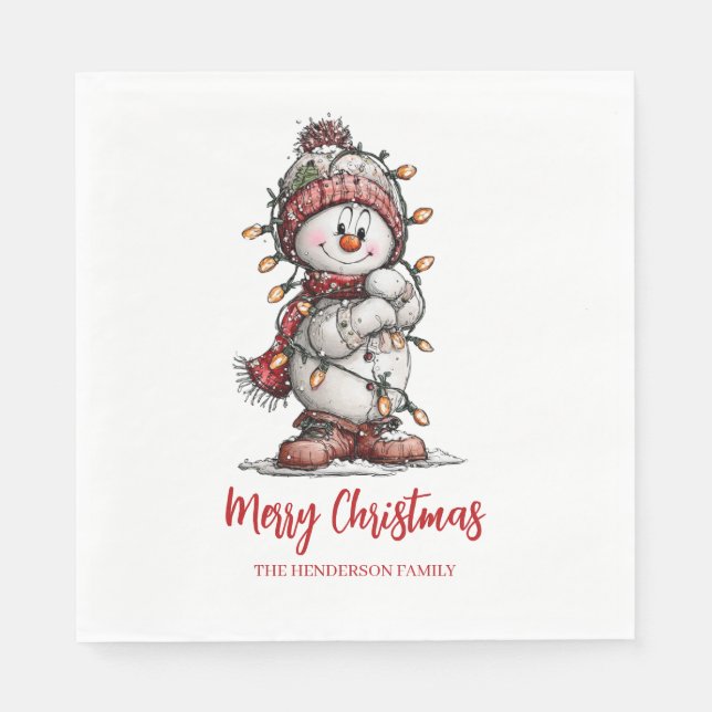 Frohe Weihnachtslichter Schneemann  Serviette (Vorderseite)