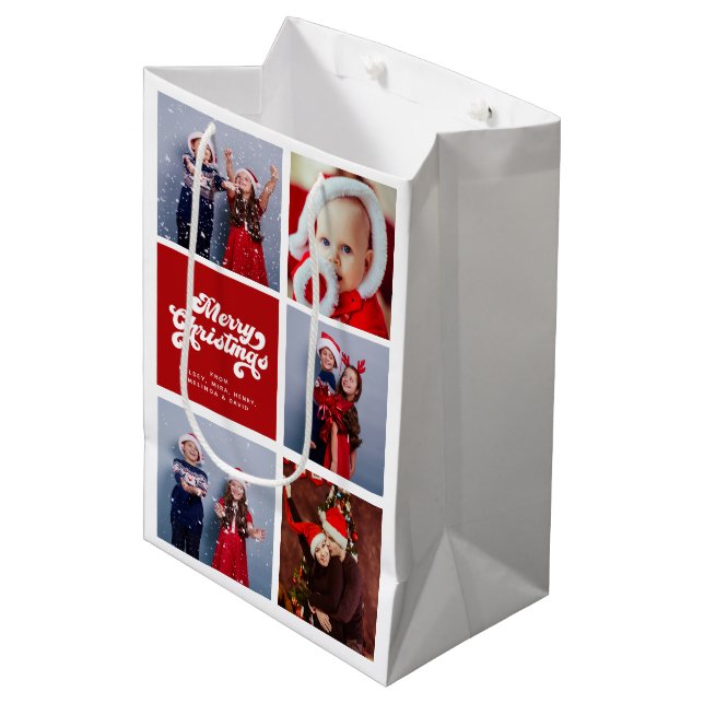 Frohe Weihnachtslustigkeit Einfache Retro Typograf Mittlere Geschenktüte (Vorderseite Schrägansicht)