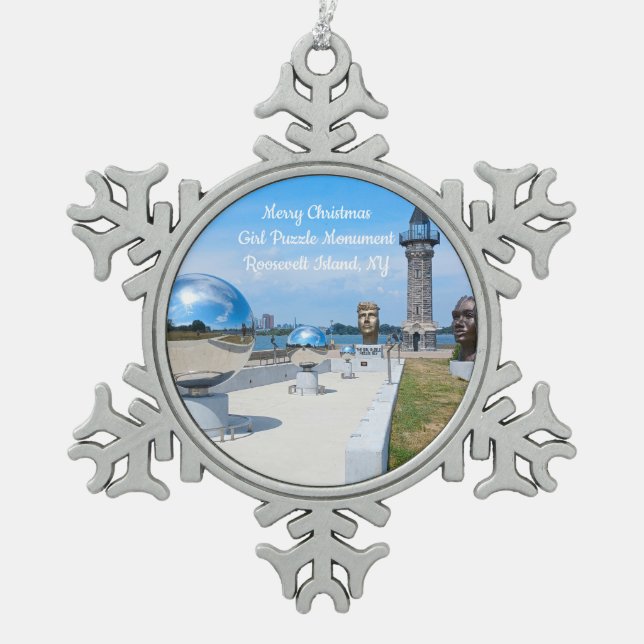 Frohe Weihnachtsmädchen Puzzle Mon. Verzierung Schneeflocken Zinn-Ornament (Vorderseite)