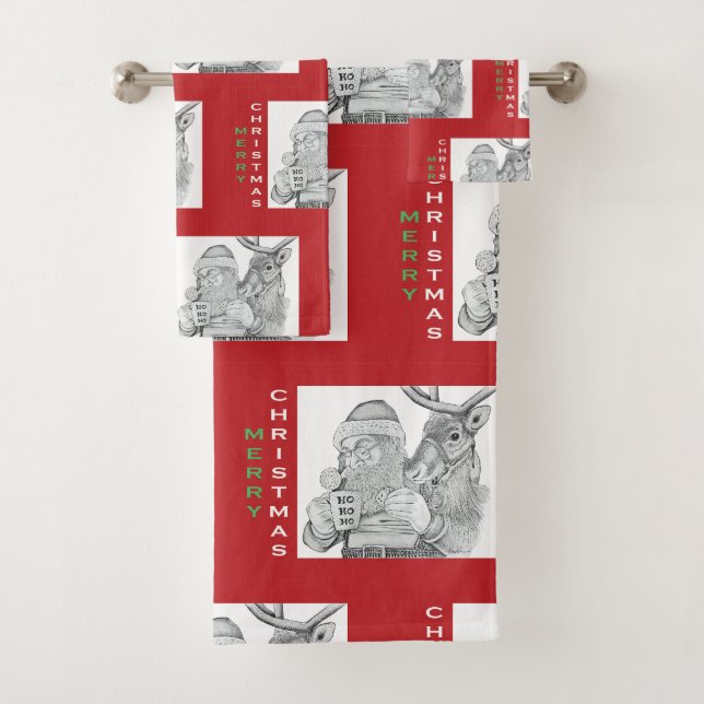 Frohe Weihnachtsmann und Reindeer Badhandtuch Set (Insitu)
