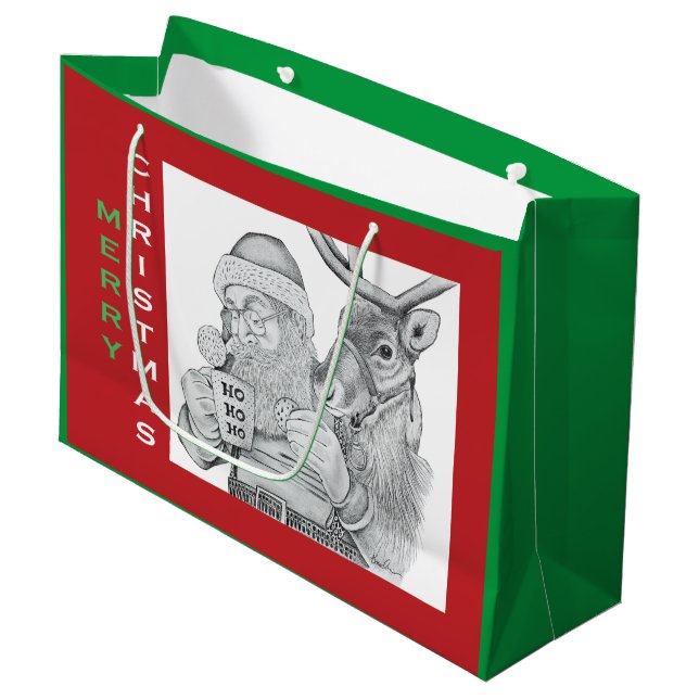 Frohe Weihnachtsmann und Reindeer Große Geschenktüte (Vorderseite Schrägansicht)