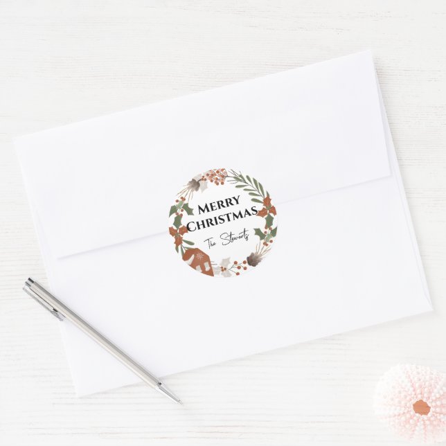 Frohe Weihnachtsmarke im einfachen nordischen Stil Runder Aufkleber (Umschlag)