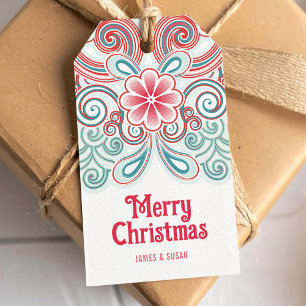 Frohe Weihnachtsmarke mit Rot und Grün Geschenkanhänger