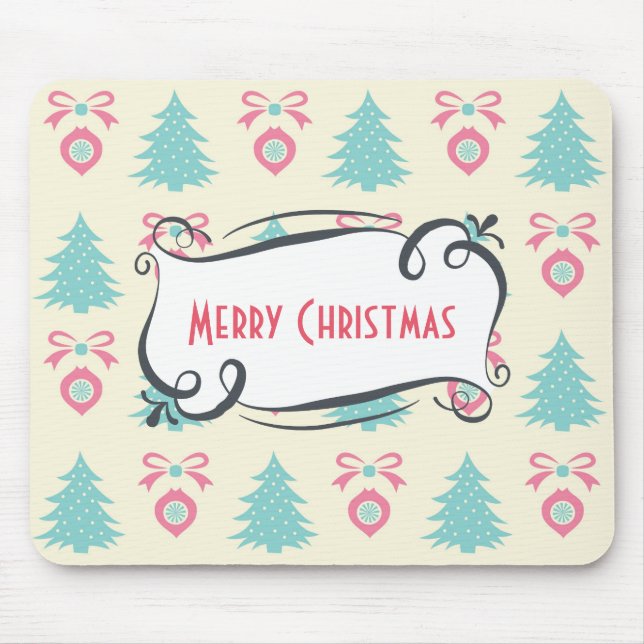 Frohe Weihnachtsmuster mit Bäumen Baubles & Bows Mousepad (Vorne)