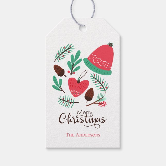 Frohe Weihnachtsmütze und Pinecones Geschenkanhänger (Vorderseite)