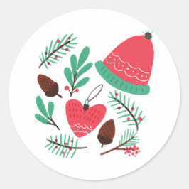 Frohe Weihnachtsmütze und Pinecones Runder Aufkleber