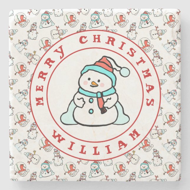 Frohe Weihnachtsname Snowman White Steinuntersetzer (Vorderseite)