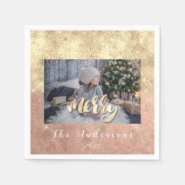 Frohe Weihnachtsnamen Gold Glitzer Foto Rose Stars Serviette