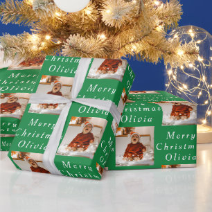 Frohe Weihnachtsnamen Grün Weißes Foto Collage Geschenkpapier