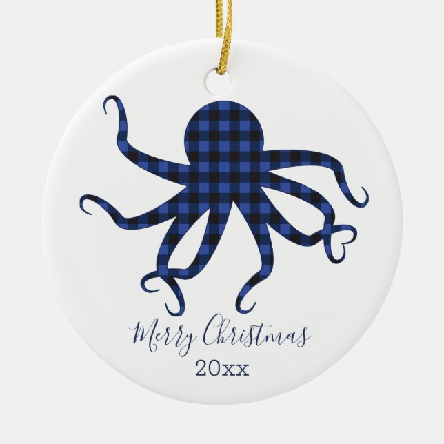 Frohe Weihnachtsoktopus Blaues Schwarzes Kariert Keramik Ornament (Vorne)