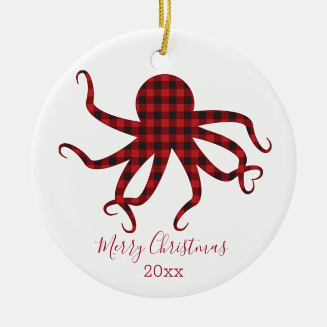 Frohe Weihnachtsoktopus Rotes Schwarzes Kariert Keramik Ornament (Vorne)