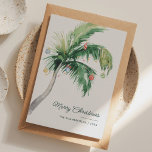 Frohe Weihnachtspalme Tropenküste Feiertagskarte<br><div class="desc">Eine moderne,  stilvolle,  flache Gästekarte mit moderner und handgeschriebener Schrift-Typografie mit einem geschmückten Palmenbaum. Passen Sie diese Karte einfach an,  indem Sie auf die Schaltfläche "Personalisieren" klicken.</div>