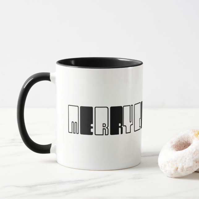 Frohe Weihnachtspiano Keys Typografie Schwarz-weiß Tasse (Mit Donut)