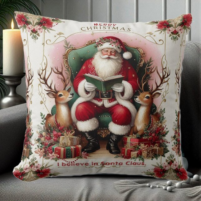Frohe Weihnachtsquote Weihnachtslesung für die Ren Kissen (Merry Christmas Quote Santa Reading to Reindeers Throw Pillow)