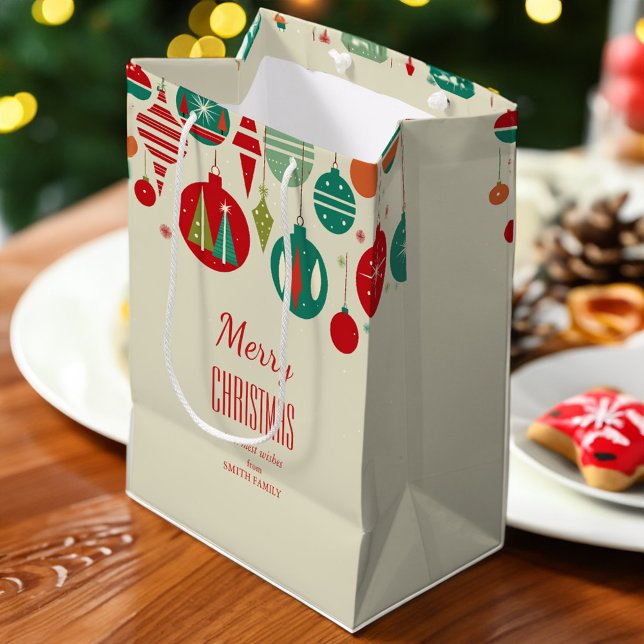 Frohe WeihnachtsRetro aus dem 20. Jahrhundert Baub Mittlere Geschenktüte (Merry Christmas modern retro midcentury baubles simple beige Medium Gift Bag)