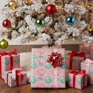Frohe Weihnachtsrosa und Aquamarine Ornamente Must Geschenkpapier