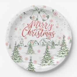 Frohe Weihnachtsrot und grüne Schneebäume Pappteller