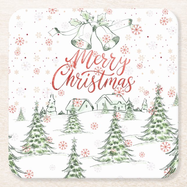 Frohe Weihnachtsrot und grüne Schneebäume Rechteckiger Pappuntersetzer (Vorderseite)