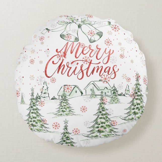Frohe Weihnachtsrot und grüne Schneebäume Rundes Kissen (Vorderseite)