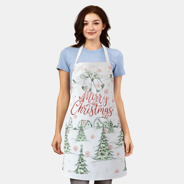Frohe Weihnachtsrot und grüne Schneebäume Schürze (Getragen)