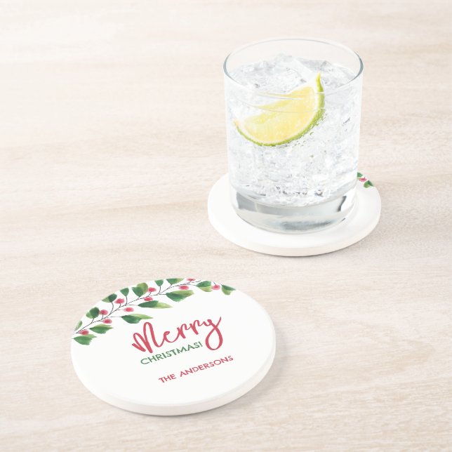 Frohe Weihnachtsrot und grüne Wasserfarbe Getränkeuntersetzer (Seite)