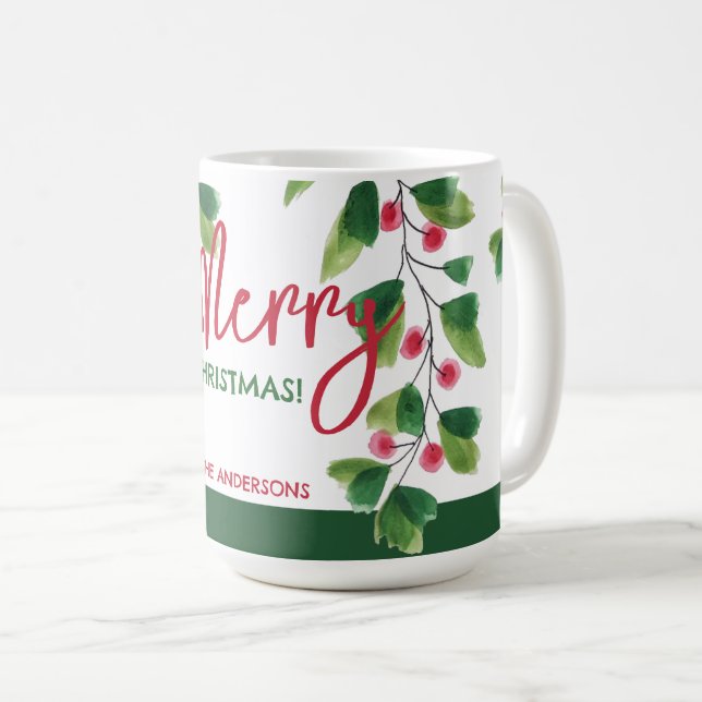Frohe Weihnachtsrot und grüne Wasserfarbe Kaffeetasse (VorderseiteRechts)