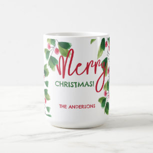 Frohe Weihnachtsrot und grüne Wasserfarbe Kaffeetasse