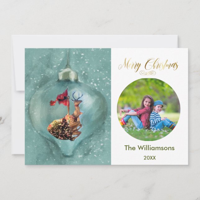 Frohe Weihnachtsschmuck Rentier Foto Karte (Vorderseite)