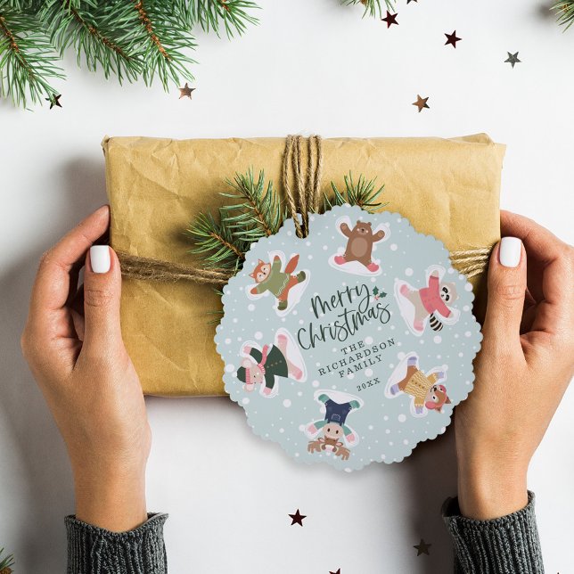 Frohe Weihnachtsschnee Angel Woodland Tiere Foto Ornament Karte (Merry Christmas Snow Angel Woodland Animals Photo Ornament Card)