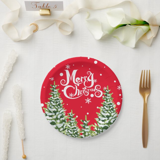 Frohe Weihnachtsschnee Bäume Weihnachtspapier Plat Pappteller (Hochzeit)