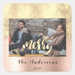 Frohe Weihnachtsschnee Confetti Rose Gold Foto Quadratischer Aufkleber
