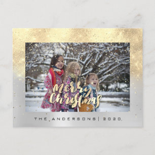 Frohe Weihnachtsschnee Gray Gold Aqua Foto Glitzer Postkarte