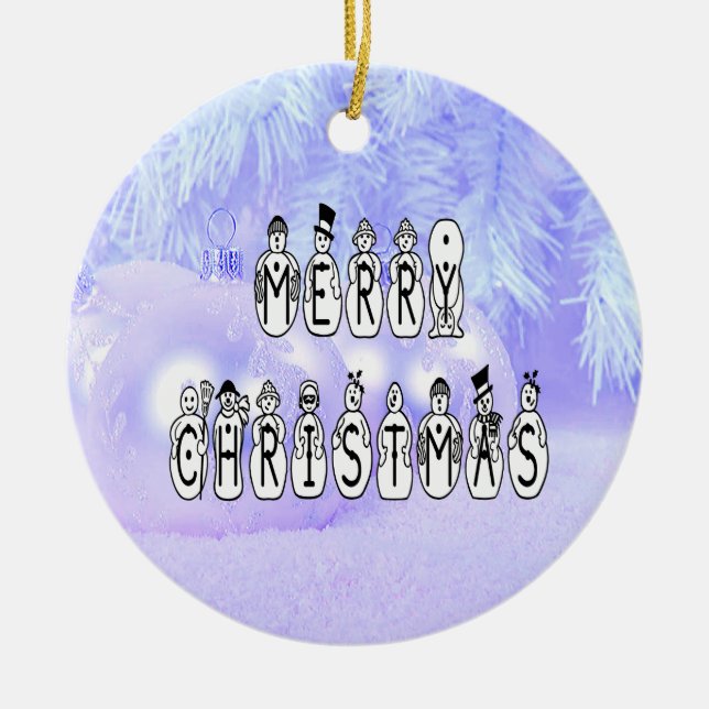 Frohe Weihnachtsschnee Menschen Schriftart, Blue T Keramikornament (Vorne)