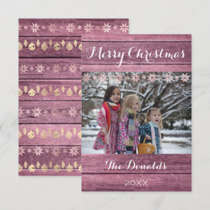 Frohe Weihnachtsschnee Pink Grau Wood Foto Hütte Einladung